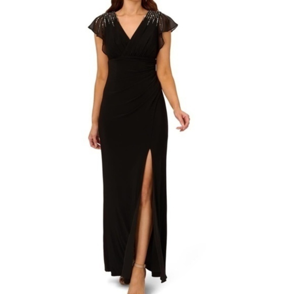 Adrianna Papell‎ Beaded Jersey Chiffon Flutter Sleeve Gown